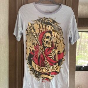 Affliction White Graphic 'Lost Souls' Skull Tee with Red and Gold Artwork